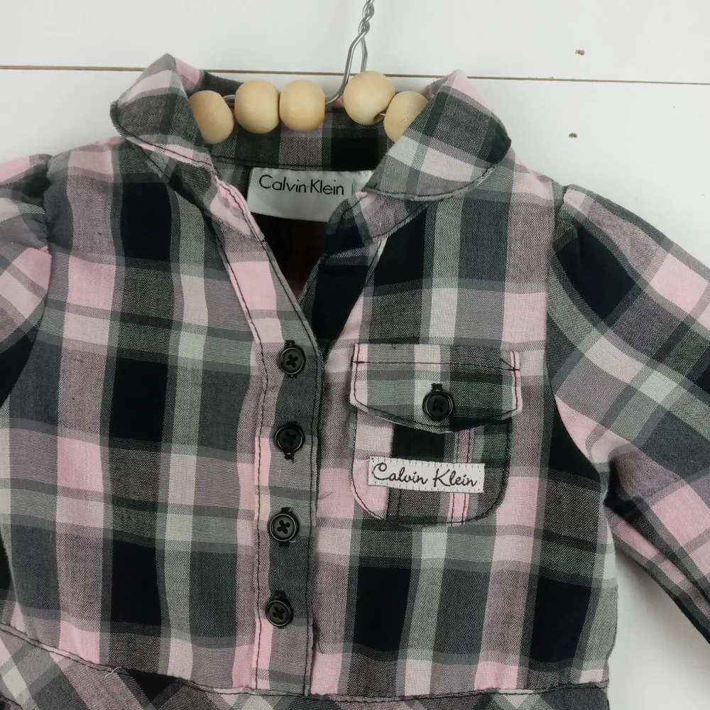 Calvin Klein girls 3-6 mos light pink with gray plaid long sleeve ruffle dress